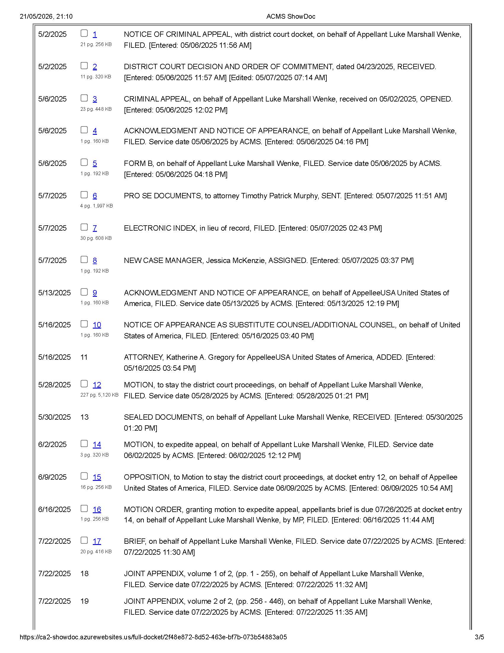 The docket report for Luke Wenke's 2025 appeal of his federal cyberstalking case.