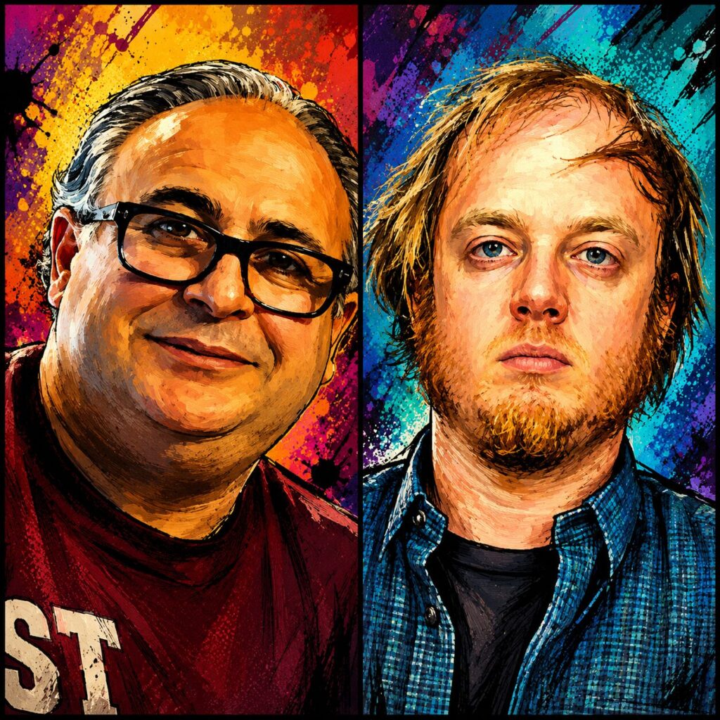a painterly image of men resembling peter gerace and luke wenke