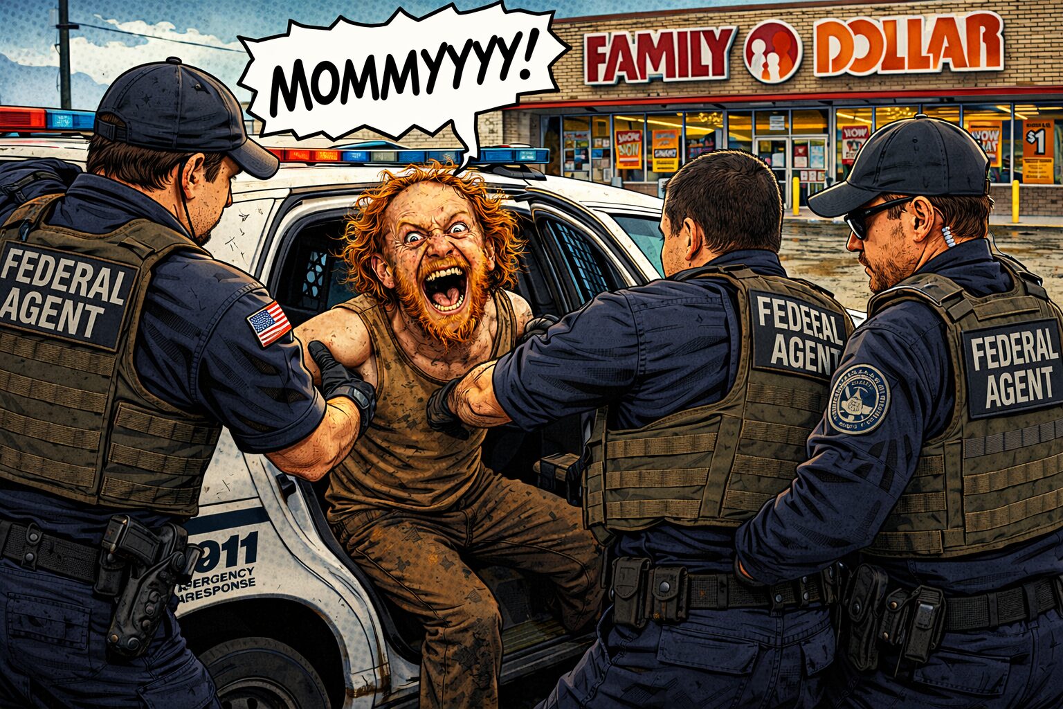 comic-like image of a balding white man screaming for his mommy while being arrested outside a family dollar store