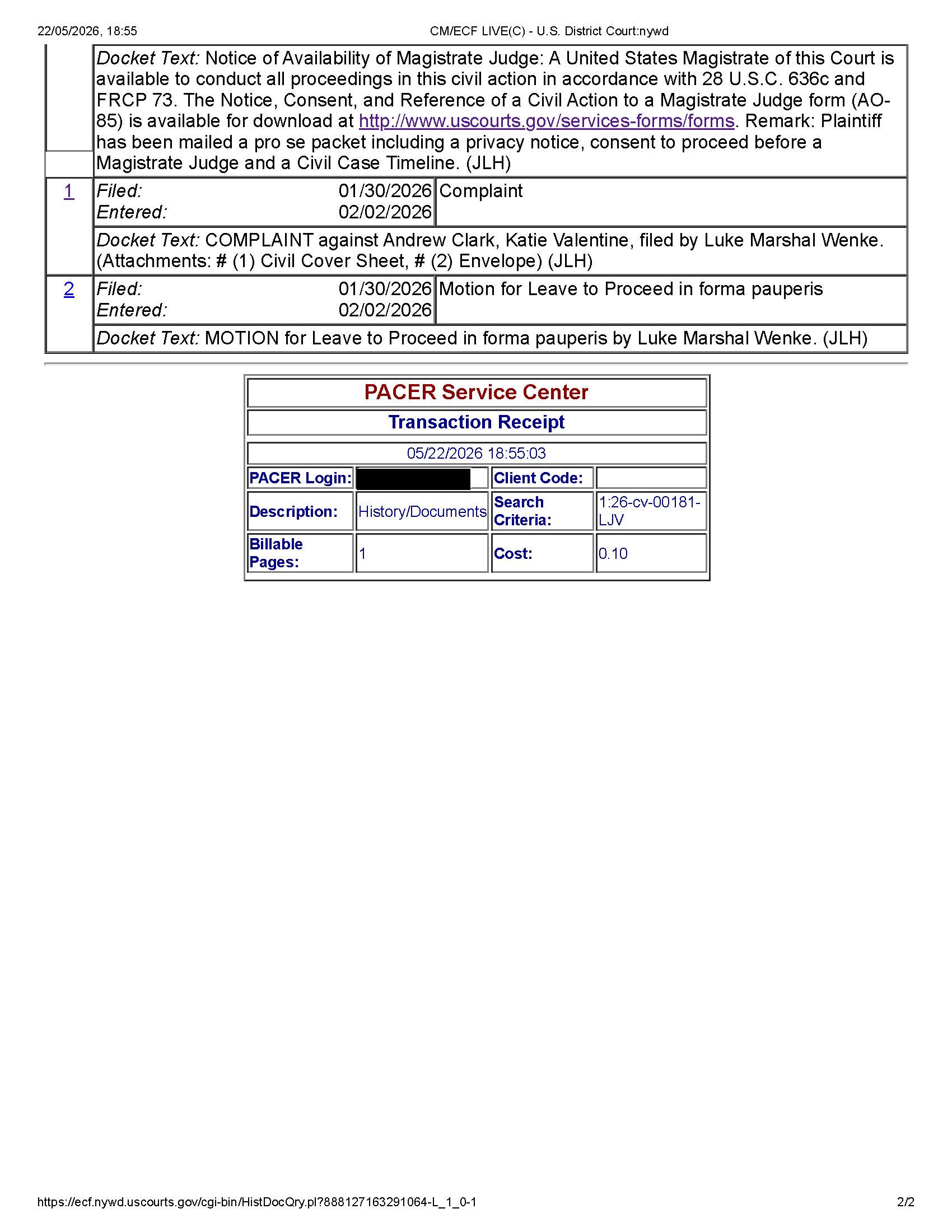 docket report for luke wenke v. valentine civil lawsuit 1-26-cv-00181