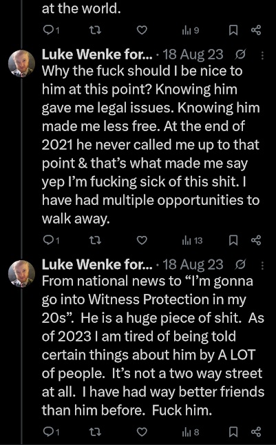 screenshot of an August 2023 Luke Wenke X/Twitter post fixating on romantic obsession Benjamin Ryan Teeter