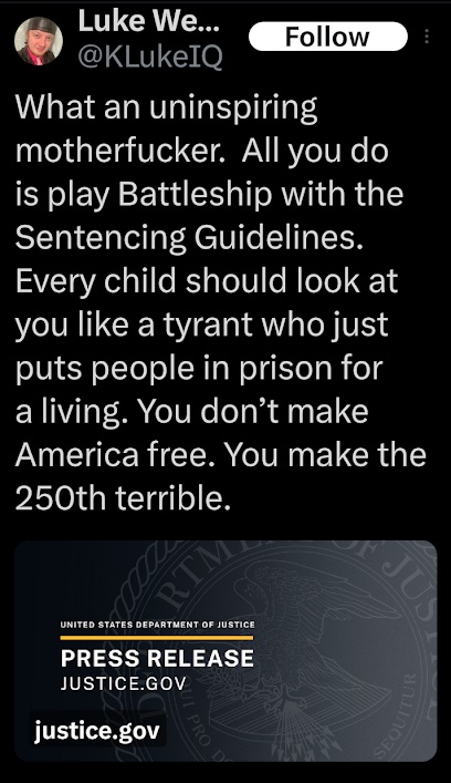 screenshot of a december 2025 Luke Wenke x/twitter post mocking the judge who oversaw his cyberstalking case