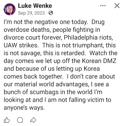 screenshot of a september 2023 luke wenke facebook post mocking drug addicts