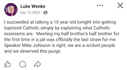 screenshot of a december 2023 facebook pots of luke wenke bragging about brainwashing his little brother