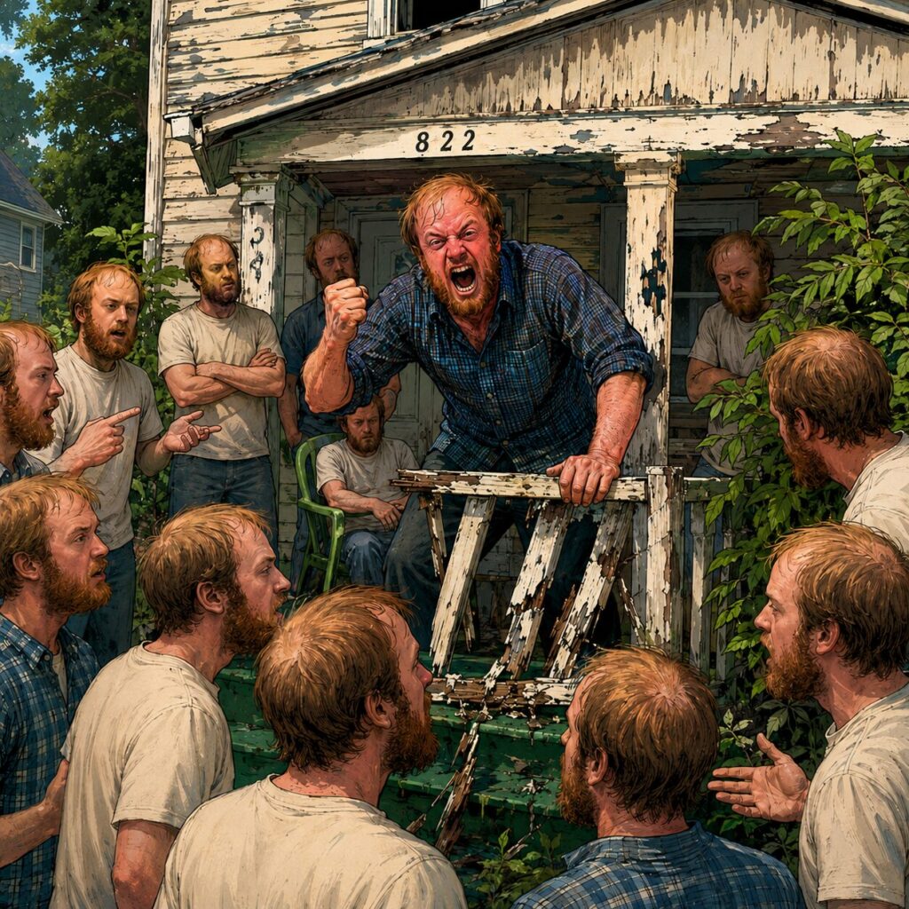 a painterly/comic book-like image of a 30-something white man rambling to a crowd of lookalikes outside a decrepit house