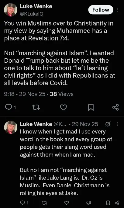 screenshot of a November 2025 Luke Wenke X/Twitter post about converting Muslims to Christianity