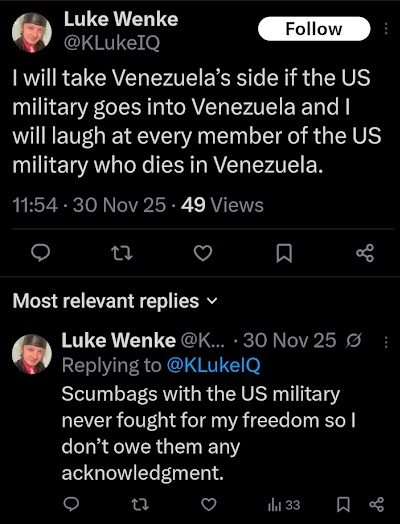 screenshot of a nov. 2025 luke wenke x/twitter post calling american military members "scumbags"