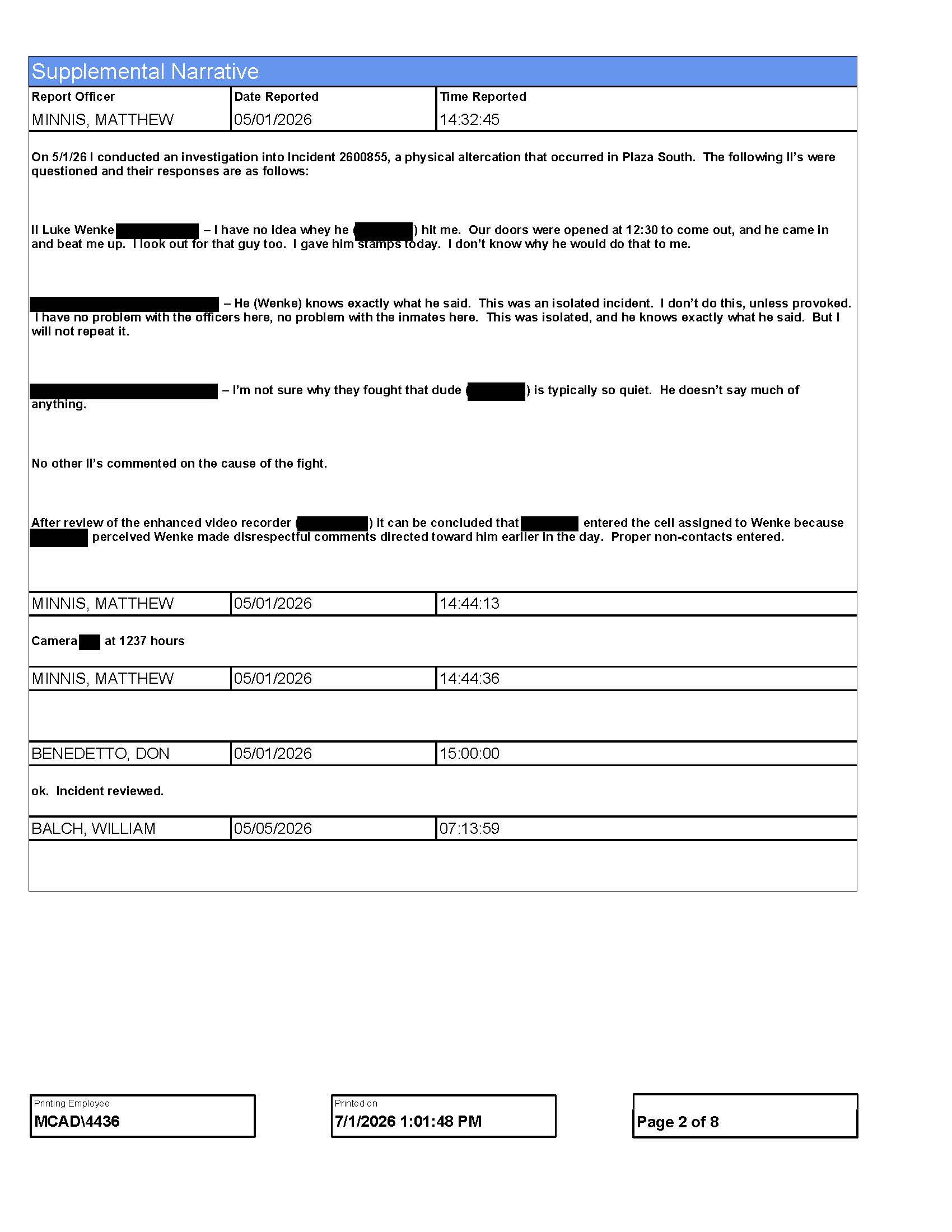 an incident report detailing an assault on luke wenke by a fellow inmate at the monroe county jail in rochester, ny; 05/2026