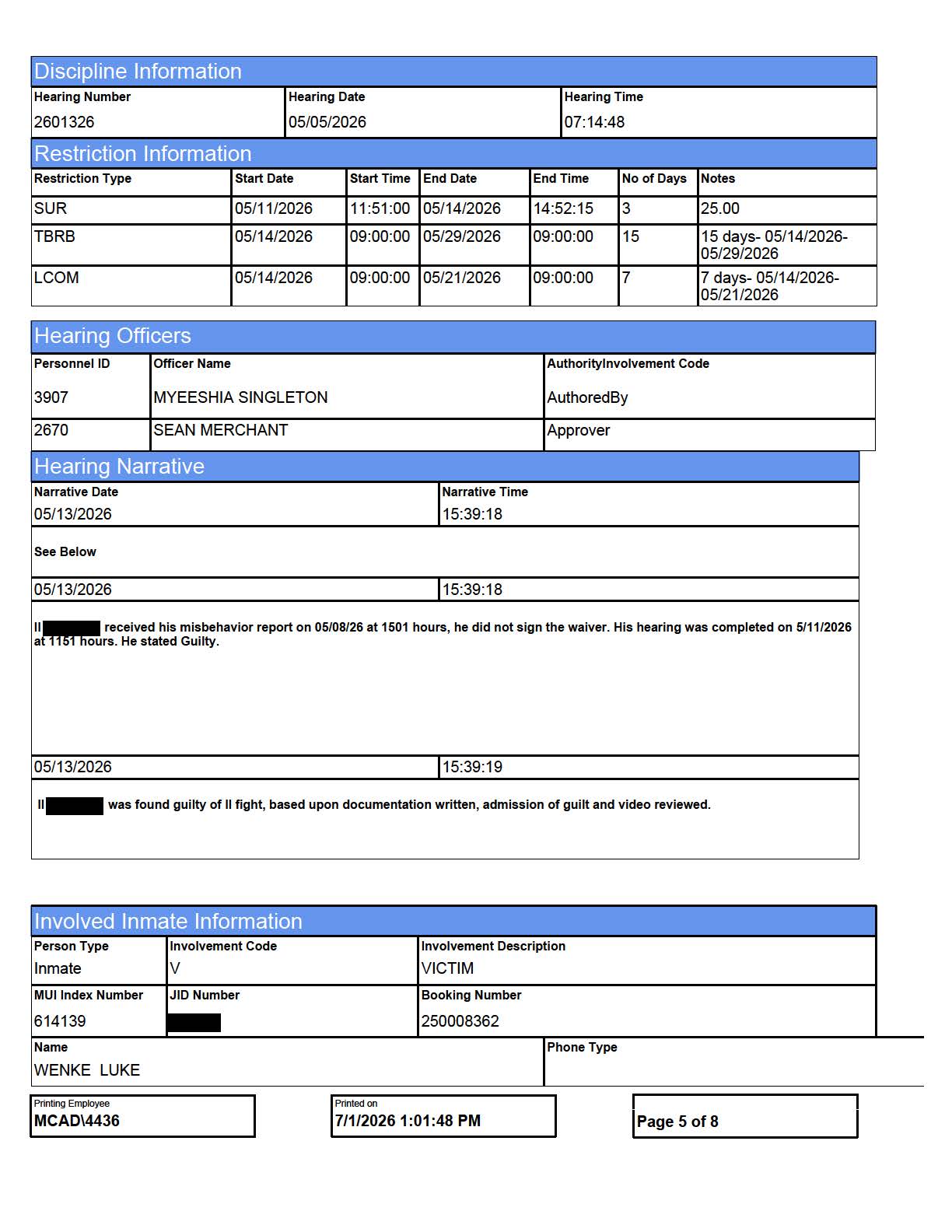 an incident report detailing an assault on luke wenke by a fellow inmate at the monroe county jail in rochester, ny; 05/2026