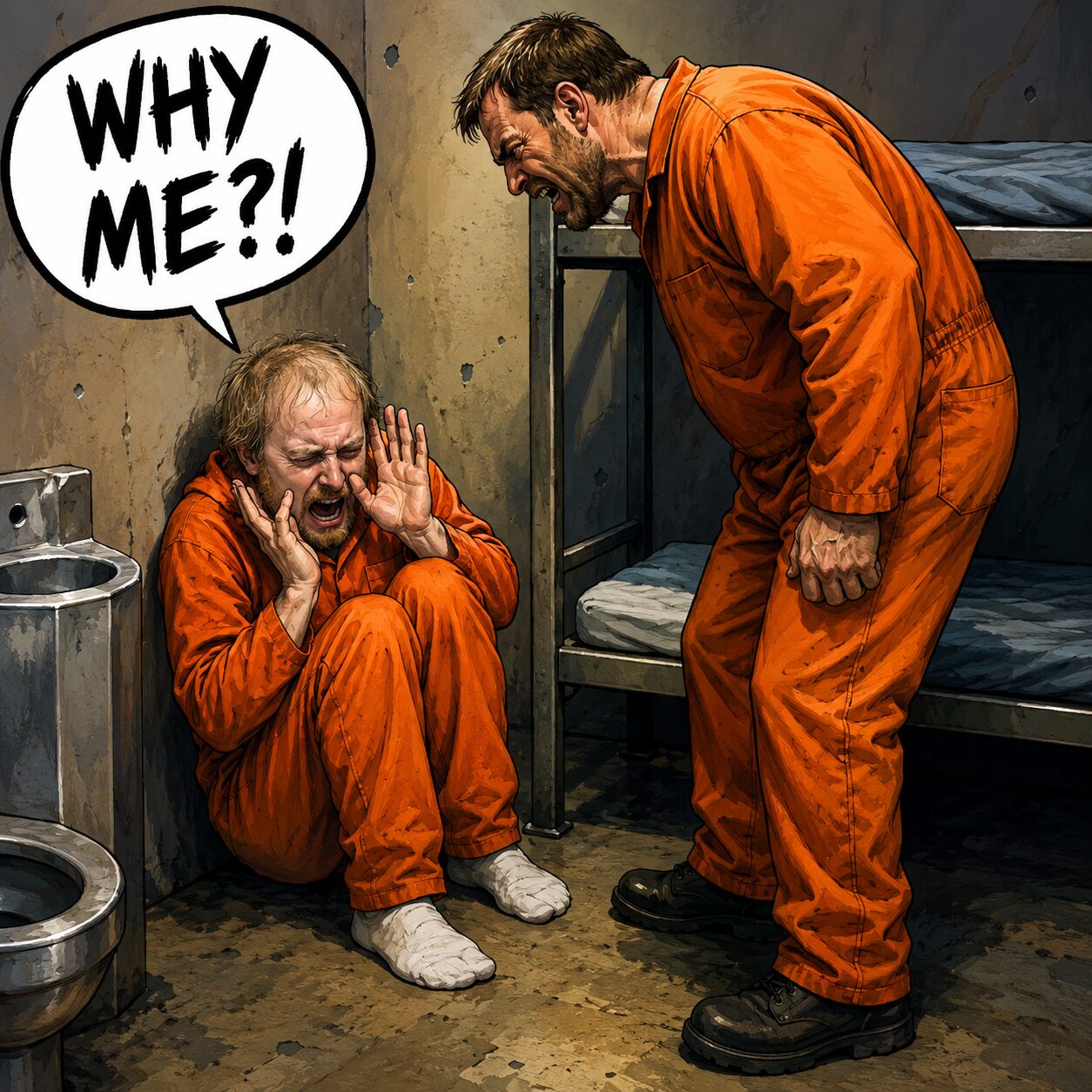 a paintery/comic-like image of an inmate cowering and yelling "WHY ME?" while a visibly angry fellow prisoner stands over him in a cell