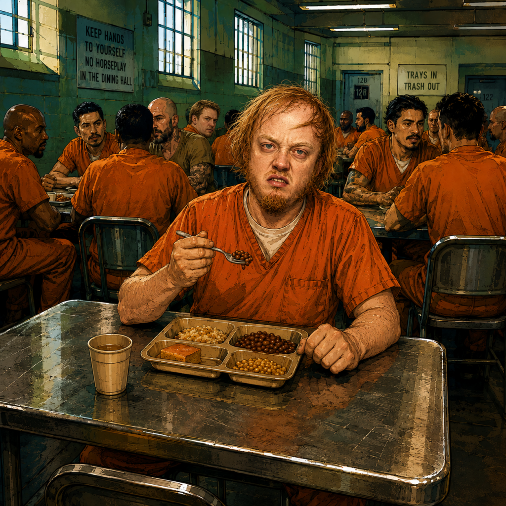 A comic-like image of a generic 30-something white male inmate eating in a prison dining hall.