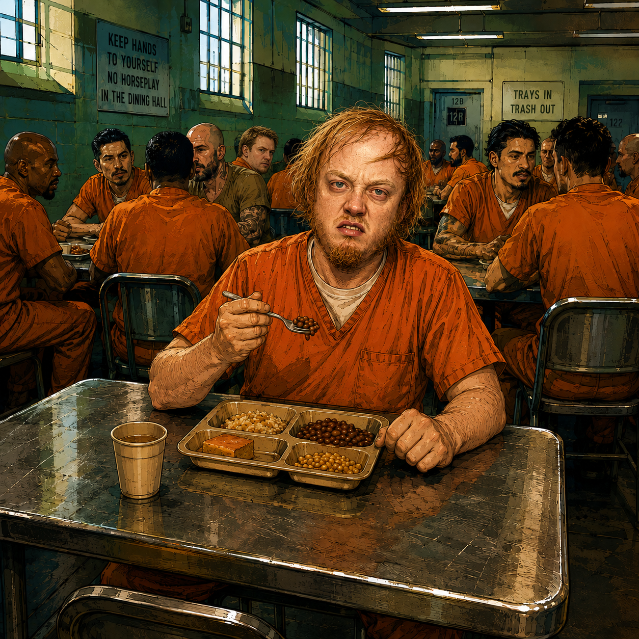 A comic-like image of a generic 30-something white male inmate eating in a prison dining hall.